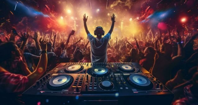 ai-generative-dj-playing-and-mixing-music-in-nightclub-party-at-night-edm-dance-music-club-with-crowd-of-young-people-free-photo